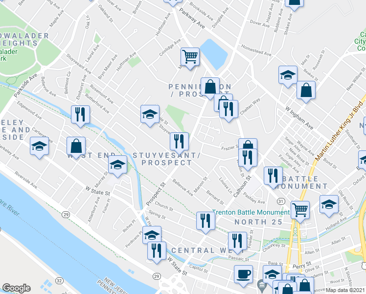 map of restaurants, bars, coffee shops, grocery stores, and more near 401 Stuyvesant Avenue in Trenton