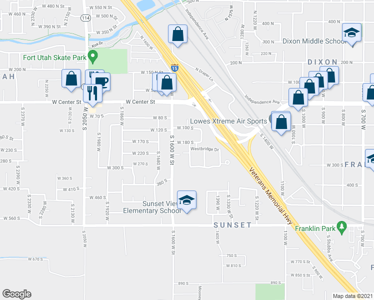 map of restaurants, bars, coffee shops, grocery stores, and more near 1544 West Lane Court in Provo