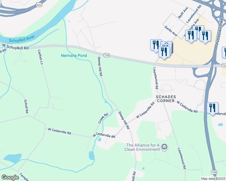 map of restaurants, bars, coffee shops, grocery stores, and more near 874 Sheep Hill Road in Pottstown