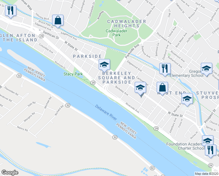 map of restaurants, bars, coffee shops, grocery stores, and more near 944 Riverside Avenue in Trenton