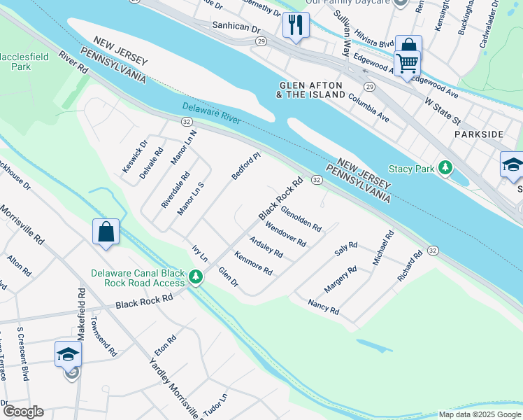 map of restaurants, bars, coffee shops, grocery stores, and more near 60 Black Rock Road in Yardley