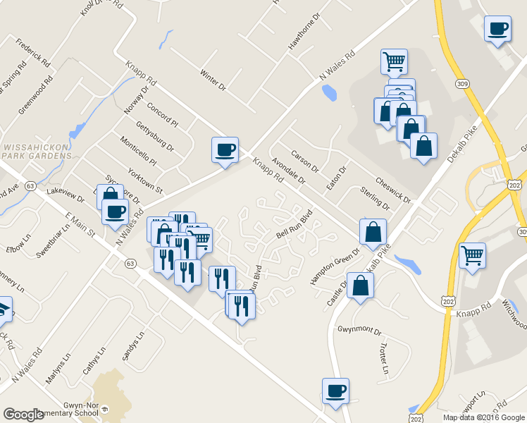 map of restaurants, bars, coffee shops, grocery stores, and more near 6003 Rolling Hill Drive in North Wales