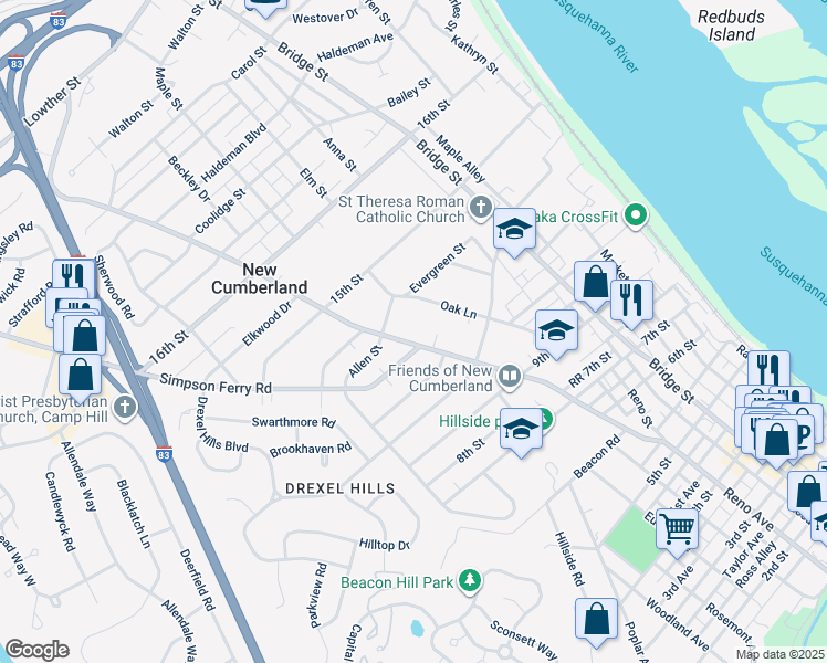 map of restaurants, bars, coffee shops, grocery stores, and more near 1330 Brandt Avenue in New Cumberland