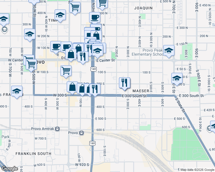 map of restaurants, bars, coffee shops, grocery stores, and more near 213 South 100 East in Provo