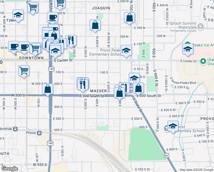 map of restaurants, bars, coffee shops, grocery stores, and more near 165 South 500 East in Provo