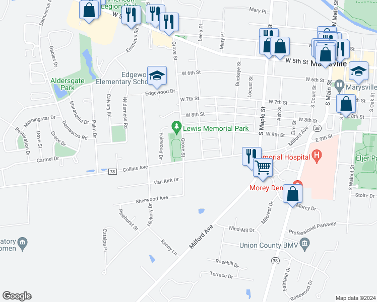 map of restaurants, bars, coffee shops, grocery stores, and more near 441 Grove Street in Marysville