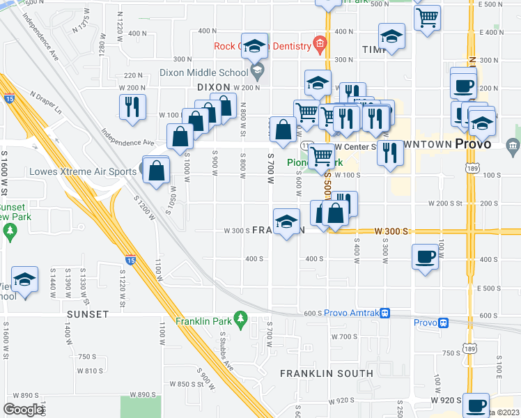 map of restaurants, bars, coffee shops, grocery stores, and more near 735 West 200 South in Provo
