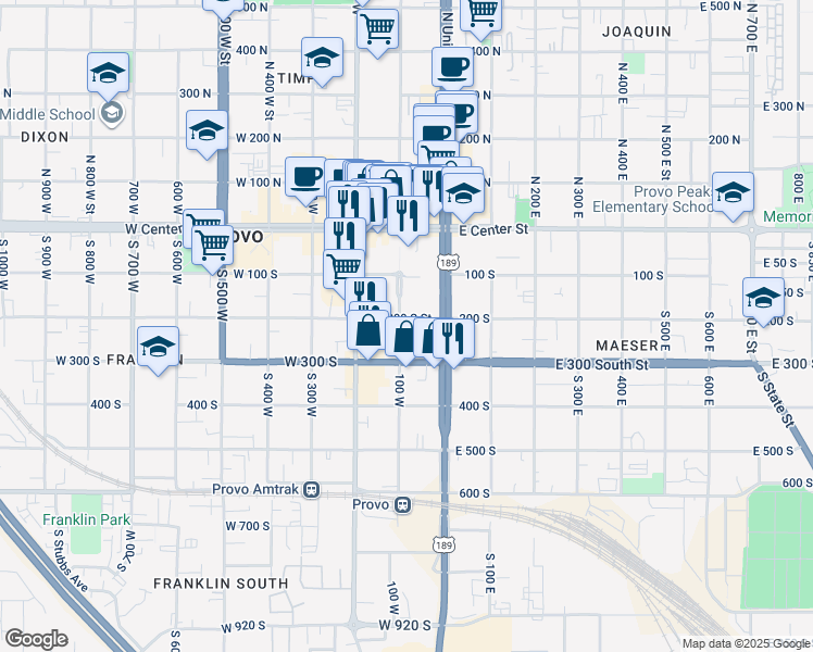 map of restaurants, bars, coffee shops, grocery stores, and more near 91 West 200 South in Provo