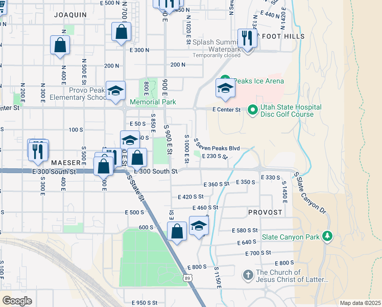 map of restaurants, bars, coffee shops, grocery stores, and more near 211 S 1000 E in Provo