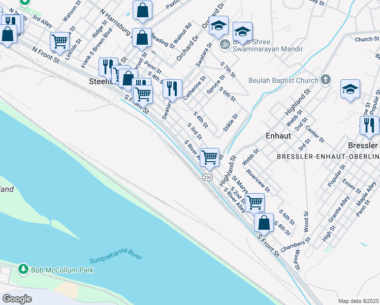 map of restaurants, bars, coffee shops, grocery stores, and more near 345 South Front Street in Steelton