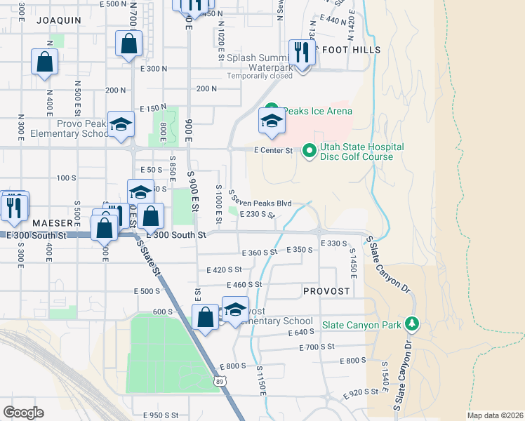 map of restaurants, bars, coffee shops, grocery stores, and more near 1129 East 230 South Street in Provo