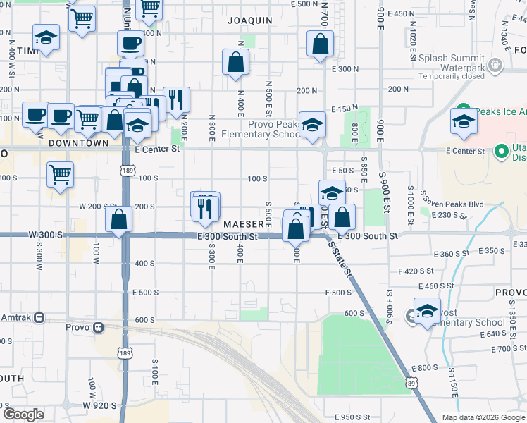 map of restaurants, bars, coffee shops, grocery stores, and more near 429 200 South in Provo
