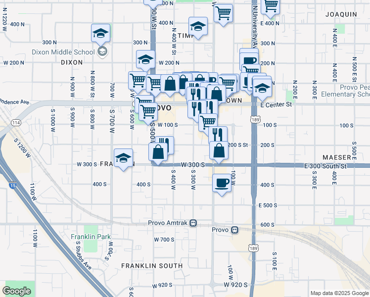 map of restaurants, bars, coffee shops, grocery stores, and more near 156 South 300 West in Provo