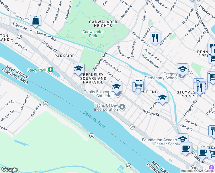 map of restaurants, bars, coffee shops, grocery stores, and more near 900 West State Street in Trenton