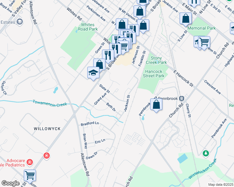 map of restaurants, bars, coffee shops, grocery stores, and more near 607 Roosevelt Court in Lansdale