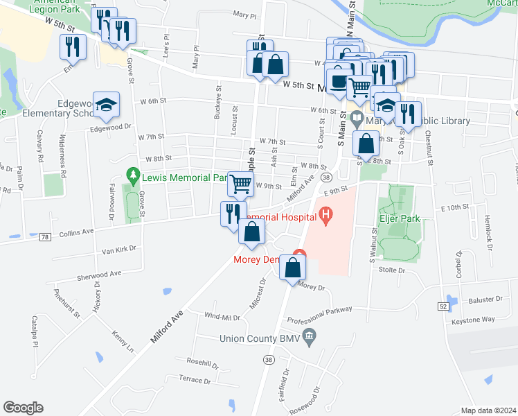map of restaurants, bars, coffee shops, grocery stores, and more near 511 South Maple Street in Marysville