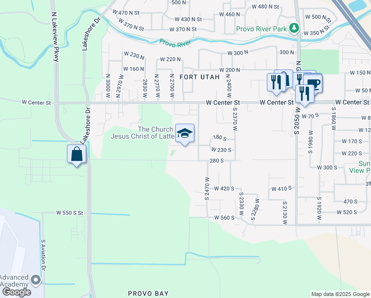 map of restaurants, bars, coffee shops, grocery stores, and more near 2585 West 200 South Street in Provo