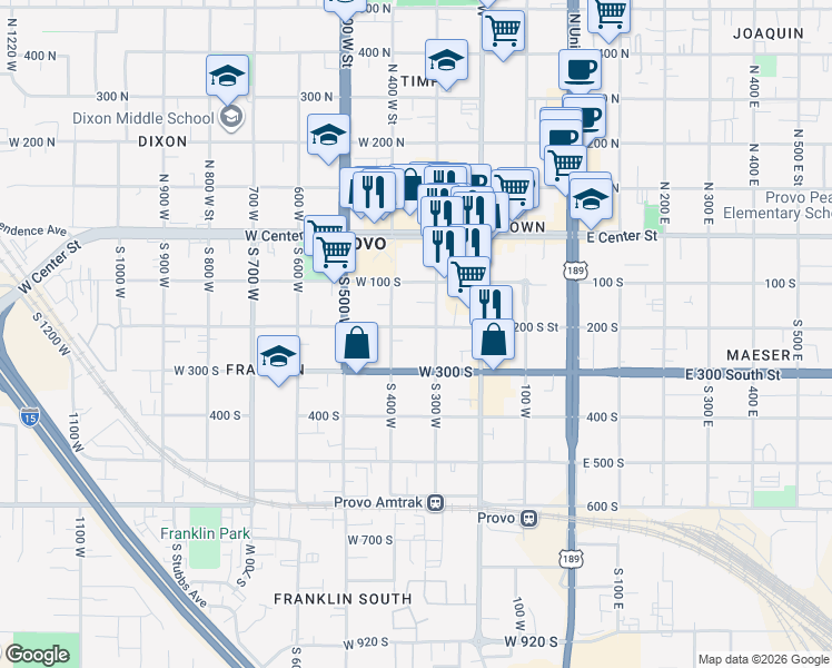 map of restaurants, bars, coffee shops, grocery stores, and more near 345 West 200 South in Provo