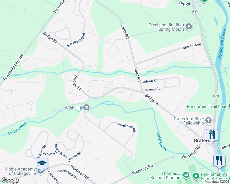map of restaurants, bars, coffee shops, grocery stores, and more near 348 Bridge Street in Collegeville