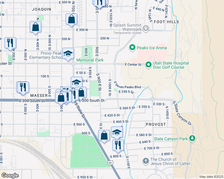 map of restaurants, bars, coffee shops, grocery stores, and more near 211 S 1000 E in Provo