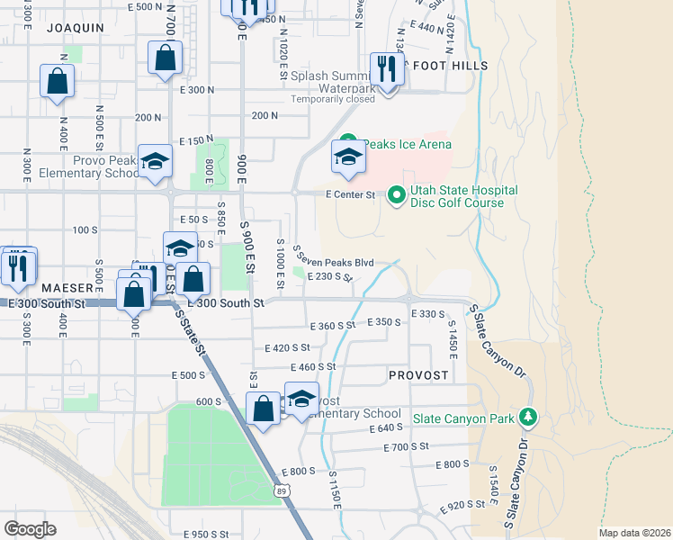 map of restaurants, bars, coffee shops, grocery stores, and more near 1129 East 230 South Street in Provo