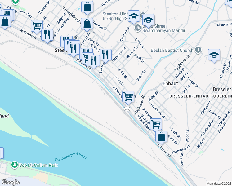 map of restaurants, bars, coffee shops, grocery stores, and more near 321 1/2 South Front Street in Steelton