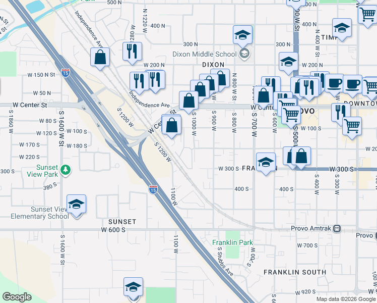 map of restaurants, bars, coffee shops, grocery stores, and more near 215 South 1050 West in Provo