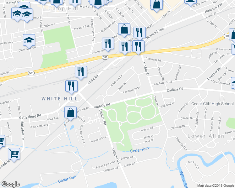 map of restaurants, bars, coffee shops, grocery stores, and more near 1929 Kent Drive in Camp Hill