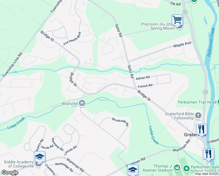 map of restaurants, bars, coffee shops, grocery stores, and more near 348 Bridge Street in Collegeville