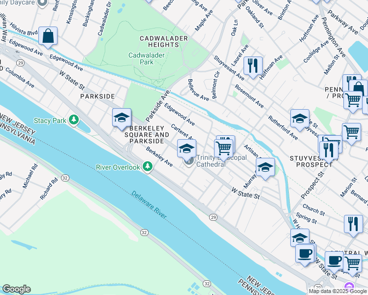 map of restaurants, bars, coffee shops, grocery stores, and more near 834 West State Street in Trenton