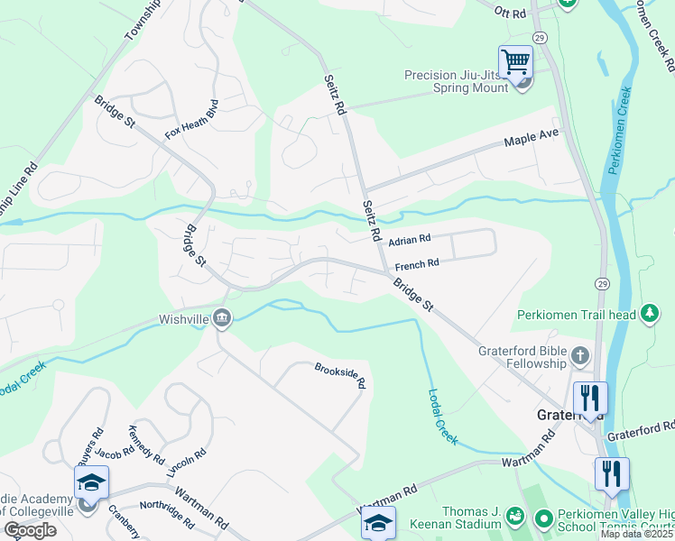map of restaurants, bars, coffee shops, grocery stores, and more near 328 Bridge Street in Collegeville
