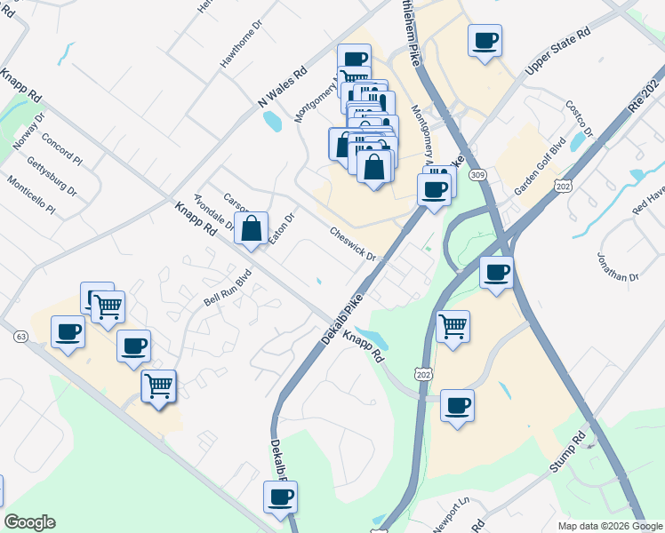 map of restaurants, bars, coffee shops, grocery stores, and more near 121 Sterling Drive in North Wales