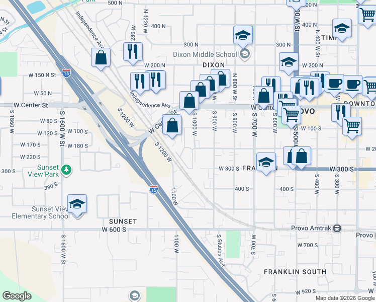 map of restaurants, bars, coffee shops, grocery stores, and more near 215 South 1050 West in Provo