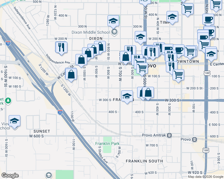 map of restaurants, bars, coffee shops, grocery stores, and more near 777 West 200 South in Provo