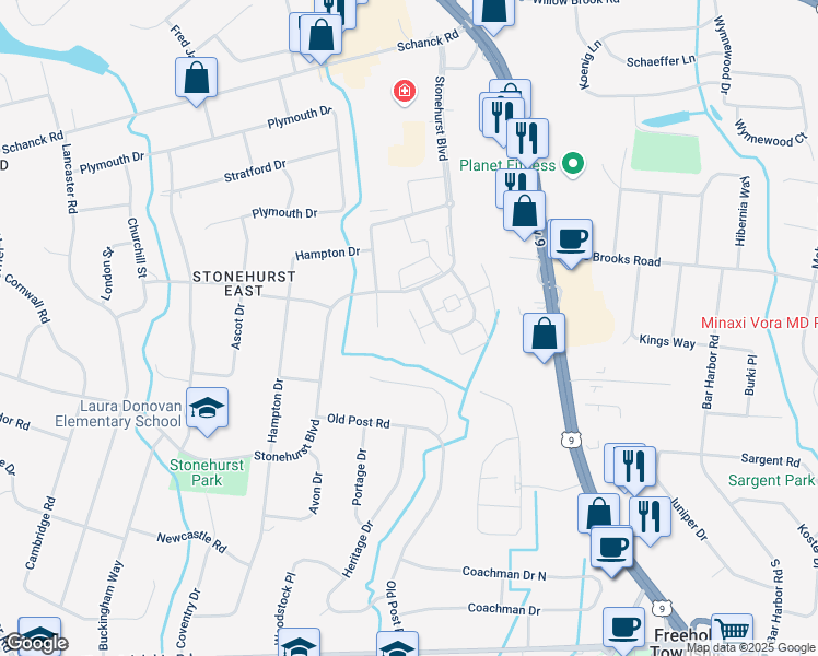 map of restaurants, bars, coffee shops, grocery stores, and more near 110 Stonehurst Boulevard in Freehold