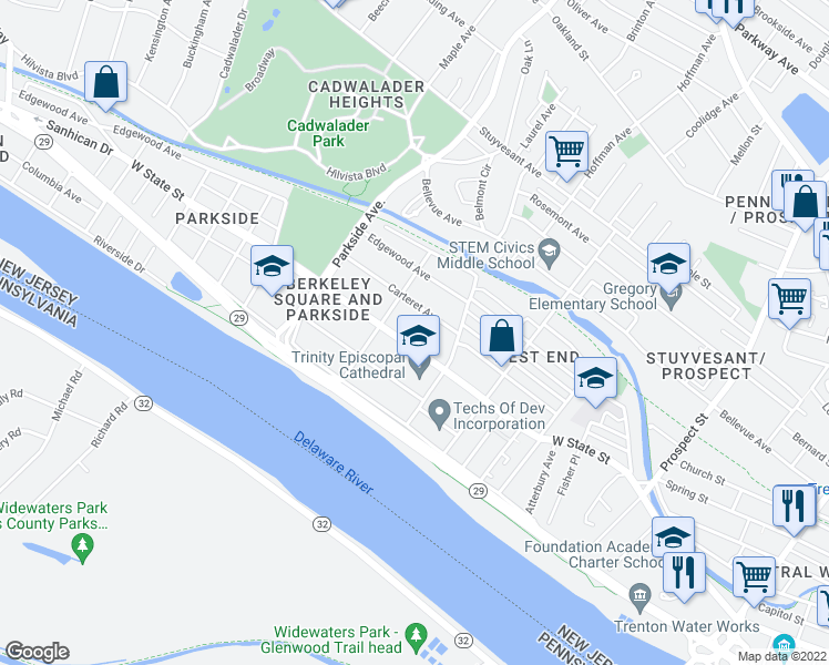 map of restaurants, bars, coffee shops, grocery stores, and more near 834 Carteret Avenue in Trenton