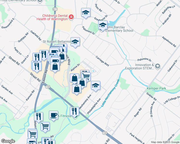 map of restaurants, bars, coffee shops, grocery stores, and more near 2321 Meridian Boulevard in Warrington