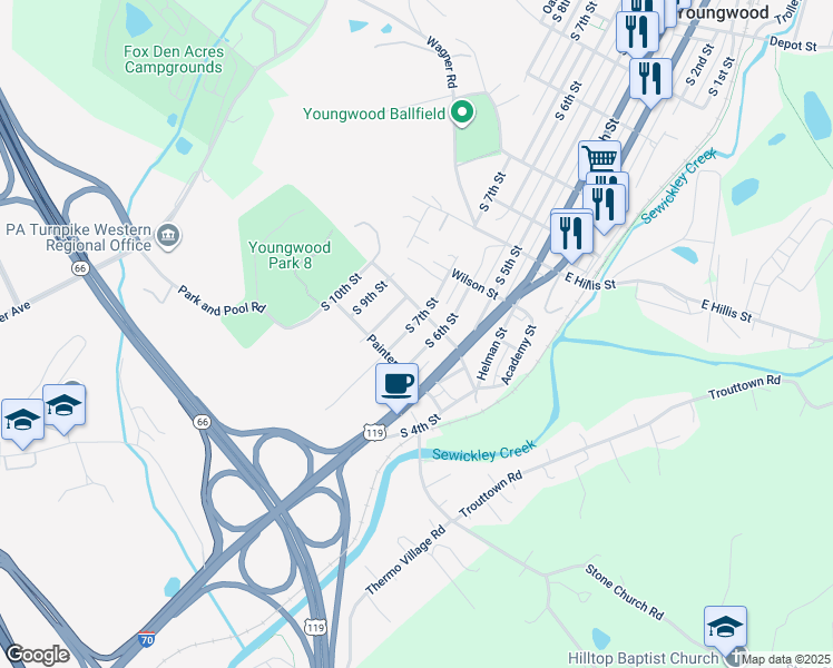 map of restaurants, bars, coffee shops, grocery stores, and more near 701 South 7th Street in Youngwood