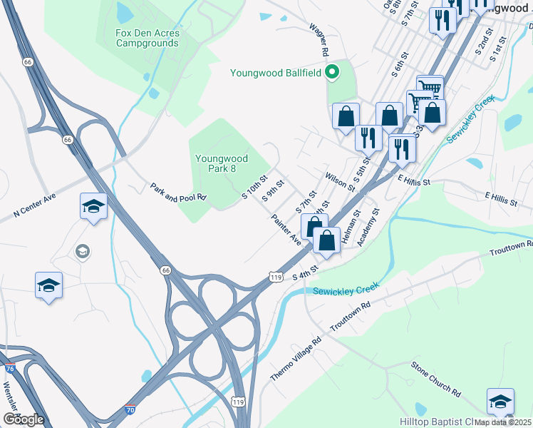 map of restaurants, bars, coffee shops, grocery stores, and more near 709 South 8th Street in Youngwood