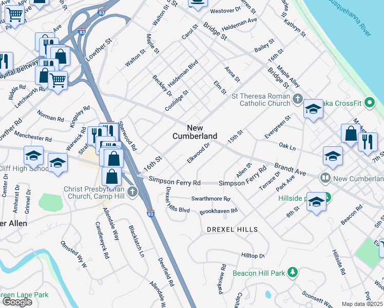 map of restaurants, bars, coffee shops, grocery stores, and more near 719 Elkwood Drive in New Cumberland