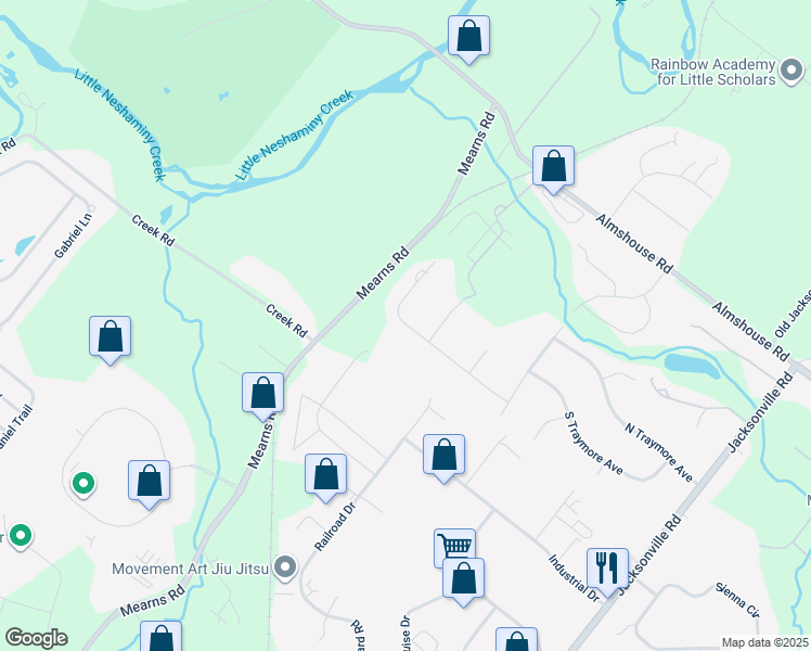 map of restaurants, bars, coffee shops, grocery stores, and more near 58 Hill Road in Warminster
