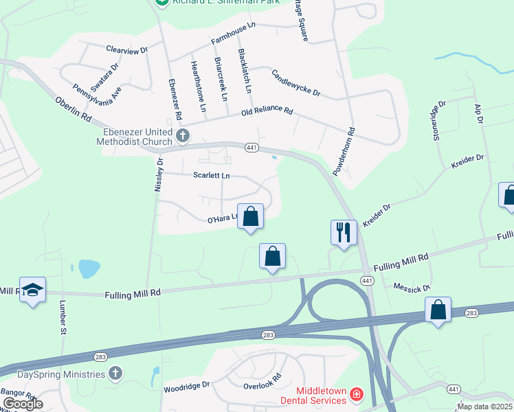 map of restaurants, bars, coffee shops, grocery stores, and more near 1830 O'Hara Lane in Middletown