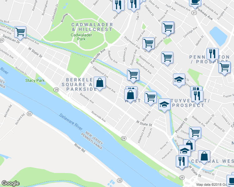 map of restaurants, bars, coffee shops, grocery stores, and more near 805 Carteret Avenue in Trenton