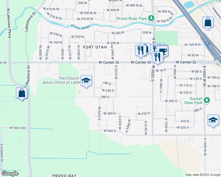 map of restaurants, bars, coffee shops, grocery stores, and more near 2414 West 230 South in Provo