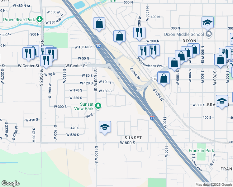 map of restaurants, bars, coffee shops, grocery stores, and more near 1402 Westbridge Drive in Provo