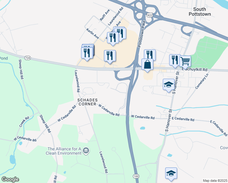 map of restaurants, bars, coffee shops, grocery stores, and more near 705 Coventry Pointe Lane in Pottstown