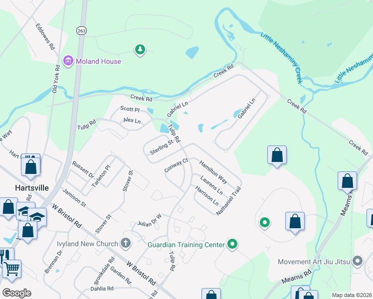 map of restaurants, bars, coffee shops, grocery stores, and more near 947 Nathaniel Trail in Warminster