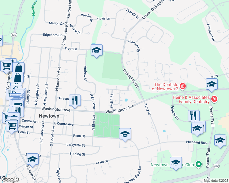 map of restaurants, bars, coffee shops, grocery stores, and more near in Newtown