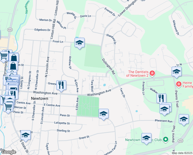 map of restaurants, bars, coffee shops, grocery stores, and more near 144 Yeates Alley in Newtown