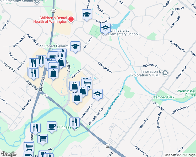 map of restaurants, bars, coffee shops, grocery stores, and more near 6207 Meridian Boulevard in Warrington